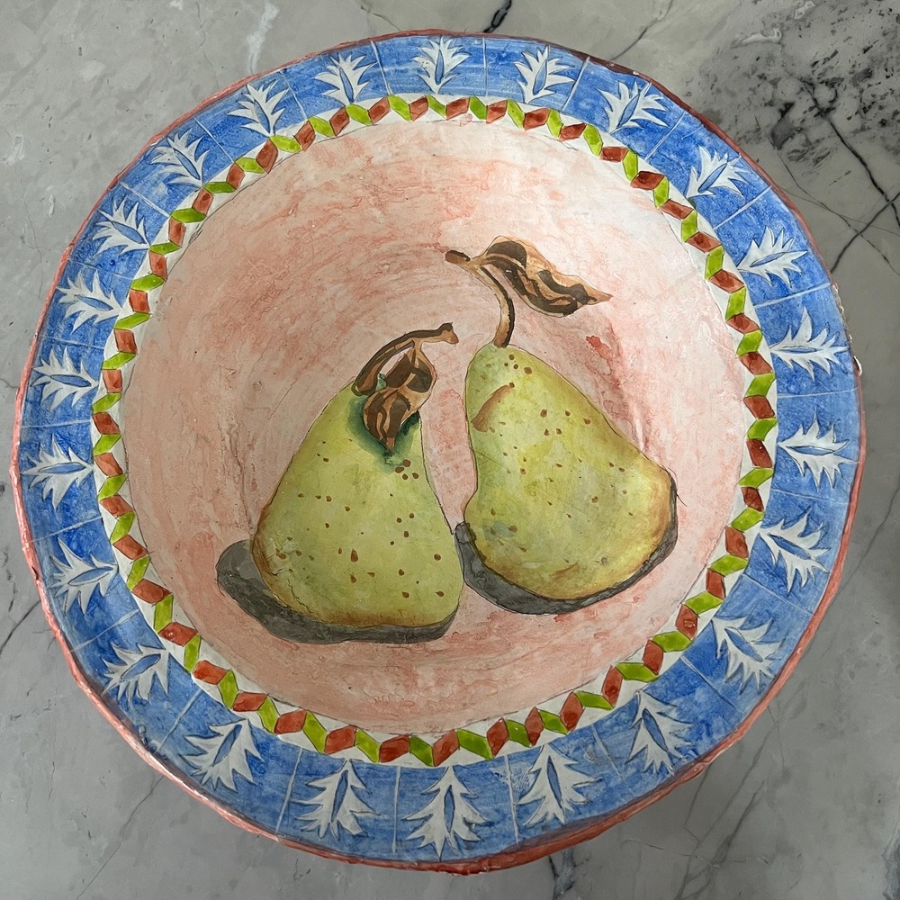 Handmade paper mache bowl featuring painting of pears